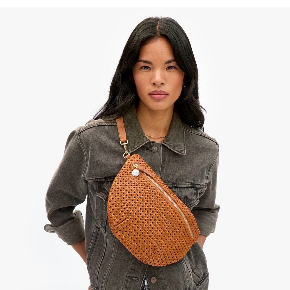 Clare V Tan Woven Leather Crossbody Belt Bag